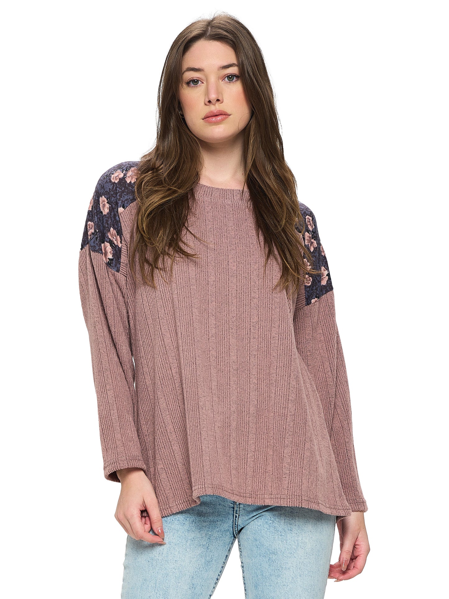 Pullover Oversized Ribbed Floral Shoulders