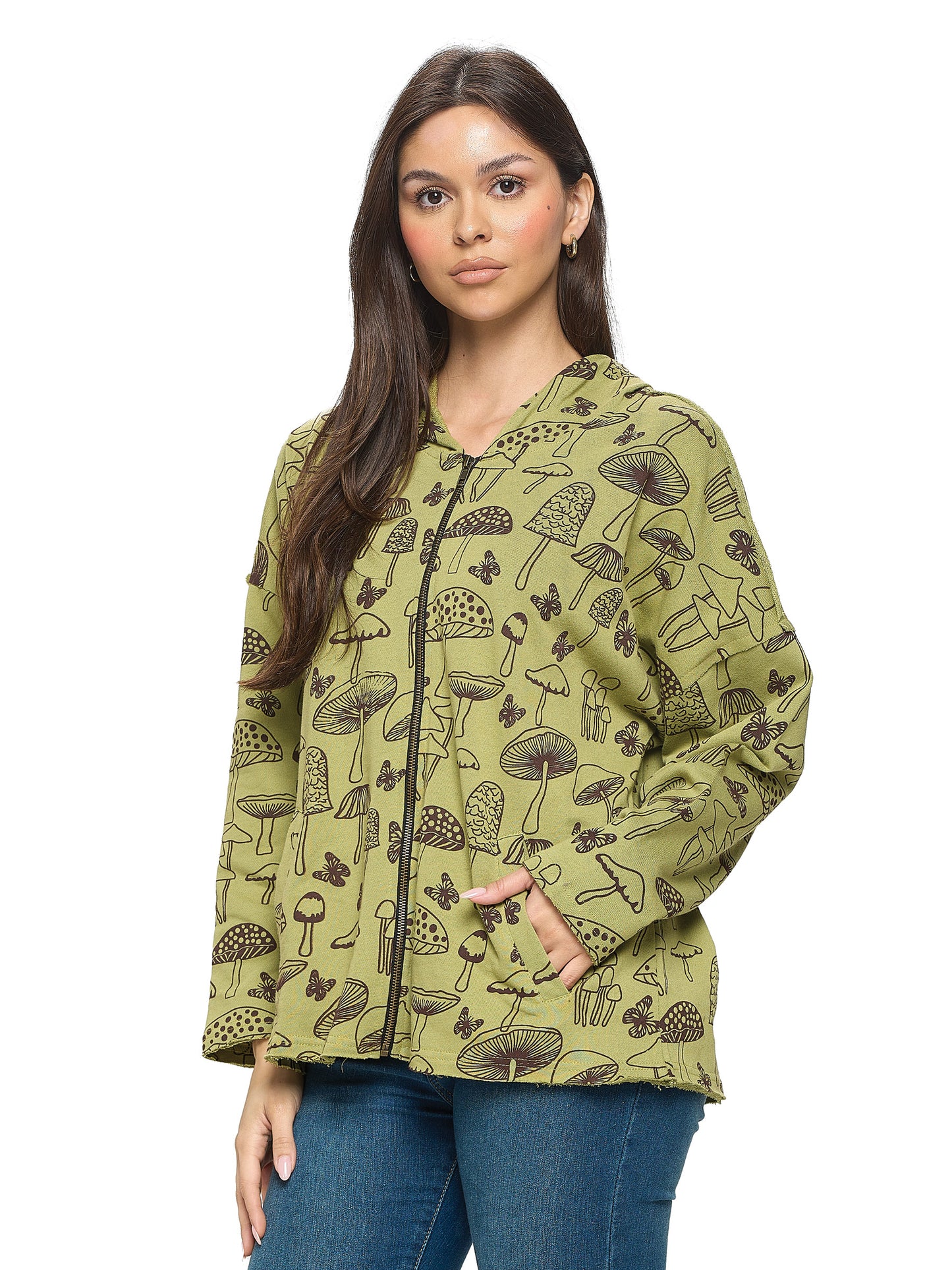 Green Hoodie Mushroon Print Zip-Up Jacket