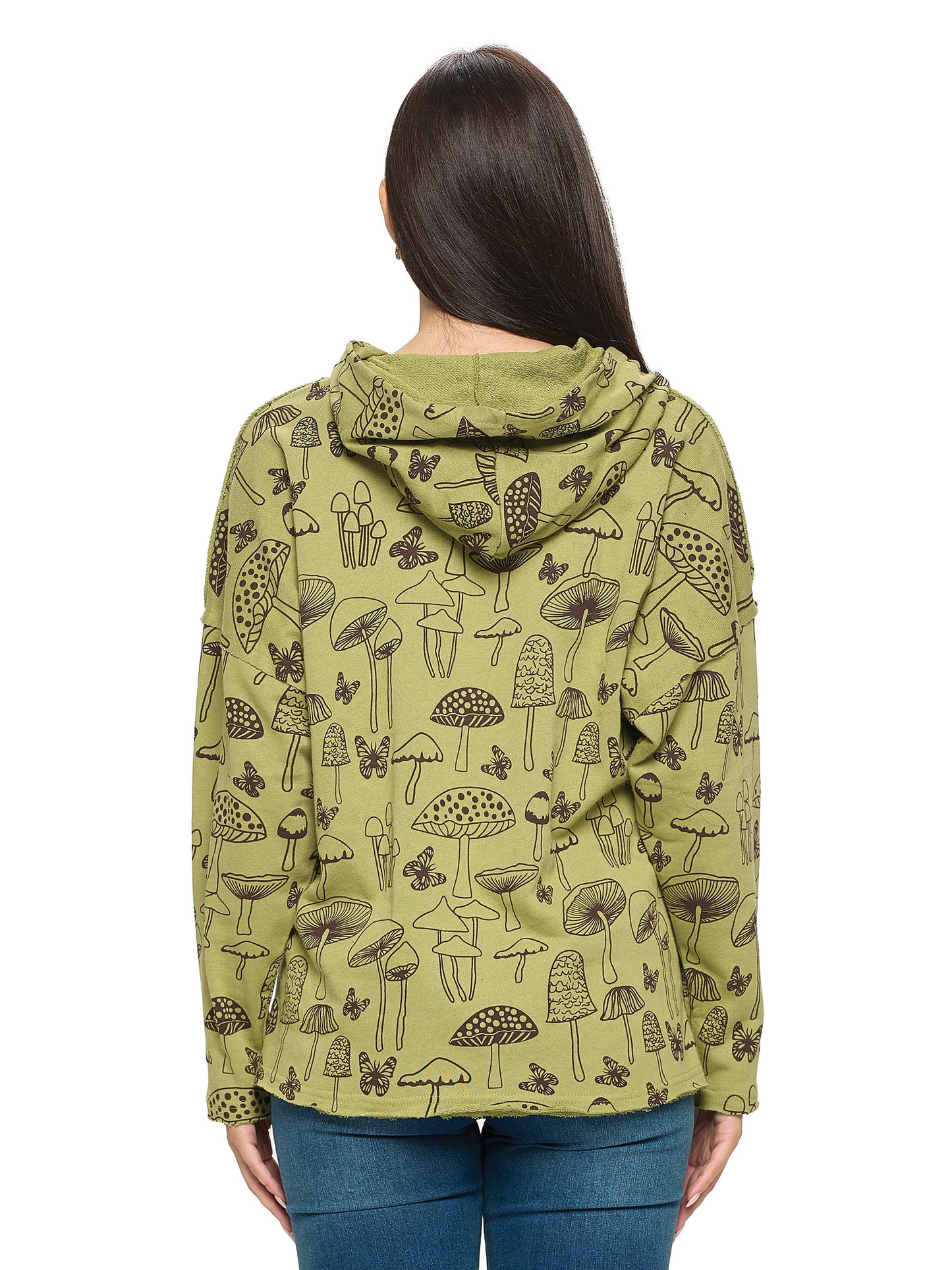 Green Hoodie Mushroon Print Zip-Up Jacket