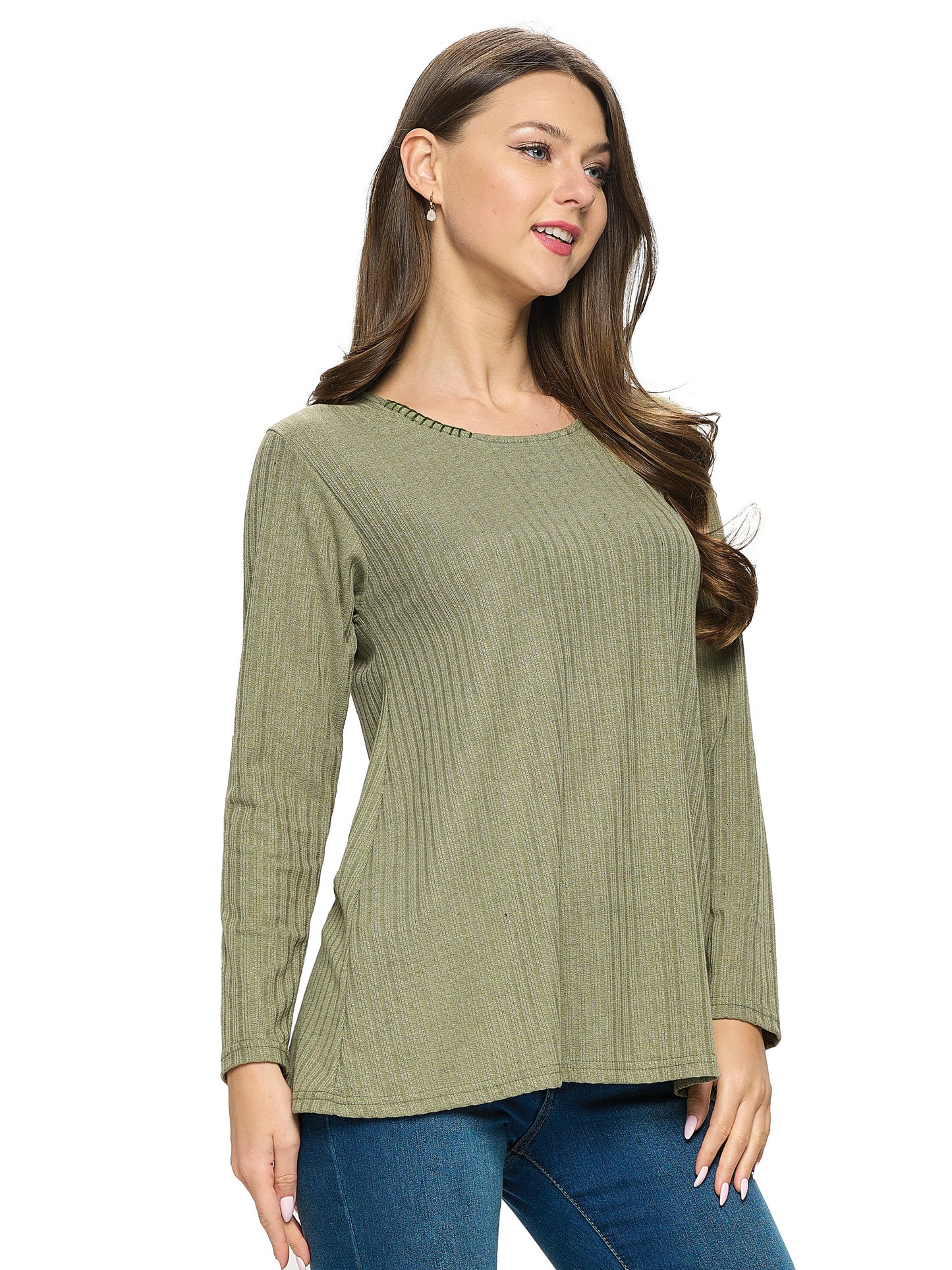 Top Casual Ribbed Knit Handstitch Details