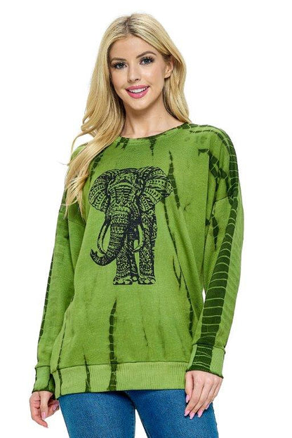 Pullover Top Boho Tie Dye Elephant Print