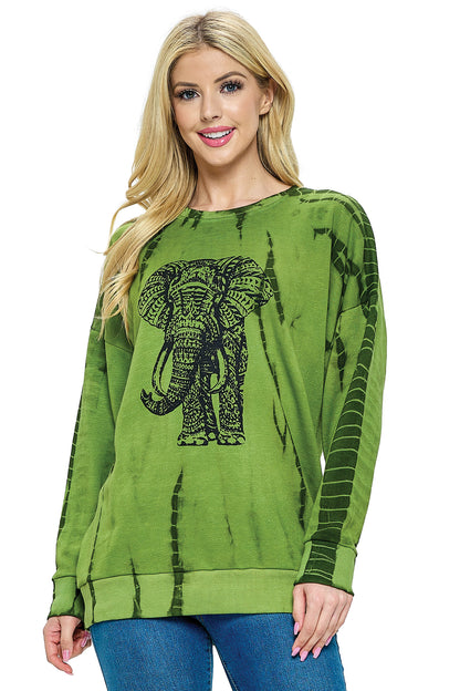 Pullover Top Boho Tie Dye Elephant Print