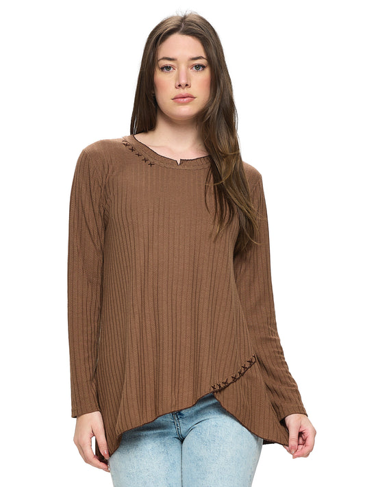 Top Ribbed Knit Overlap Hem Hansdtitches