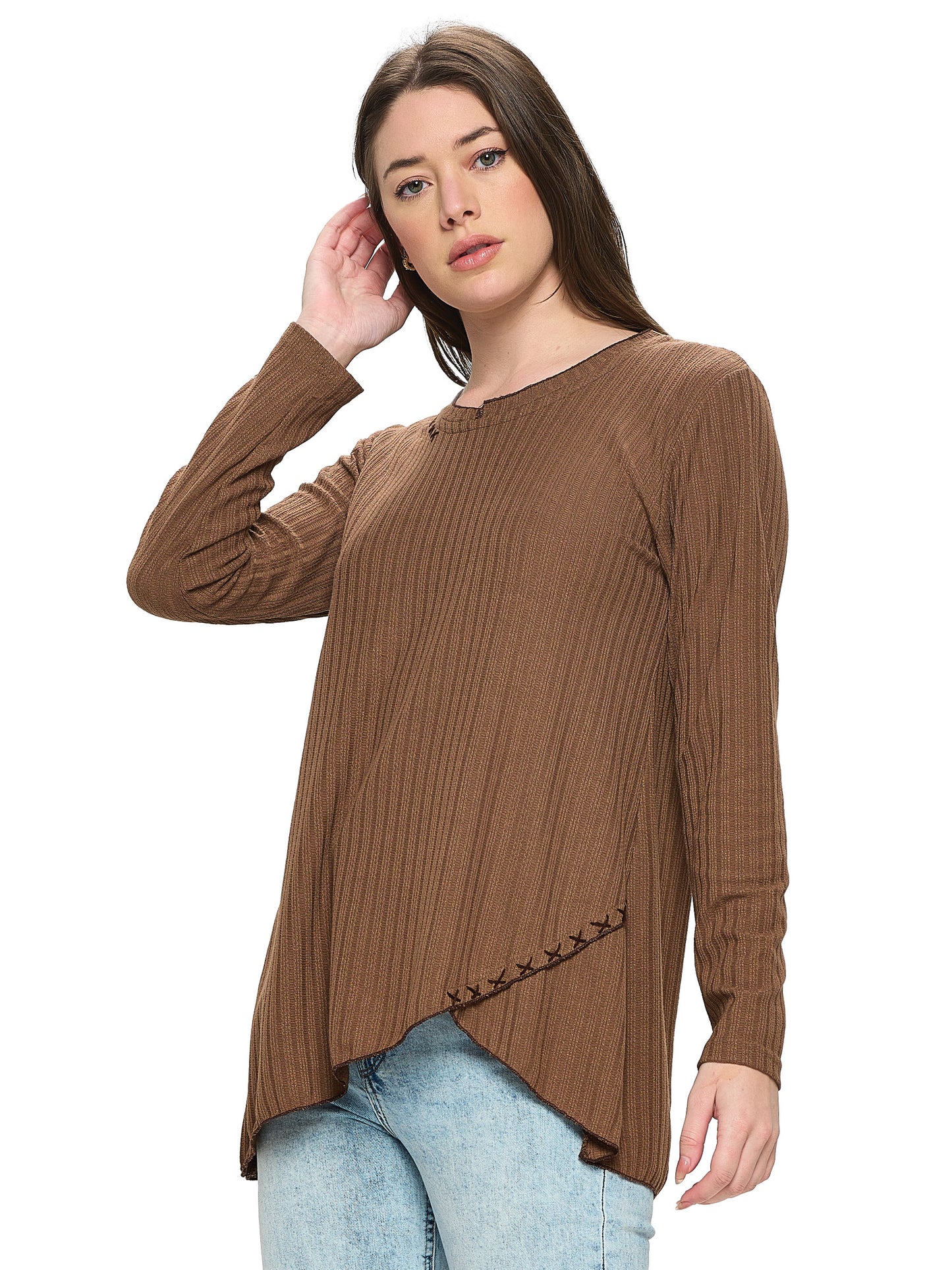 Top Ribbed Knit Overlap Hem Hansdtitches