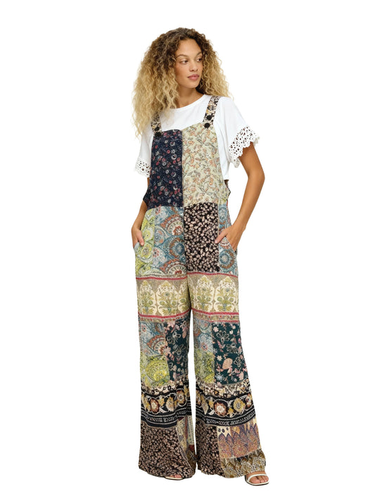 Overall Boho Jumpsuit Patchwork Floral Wide Leg