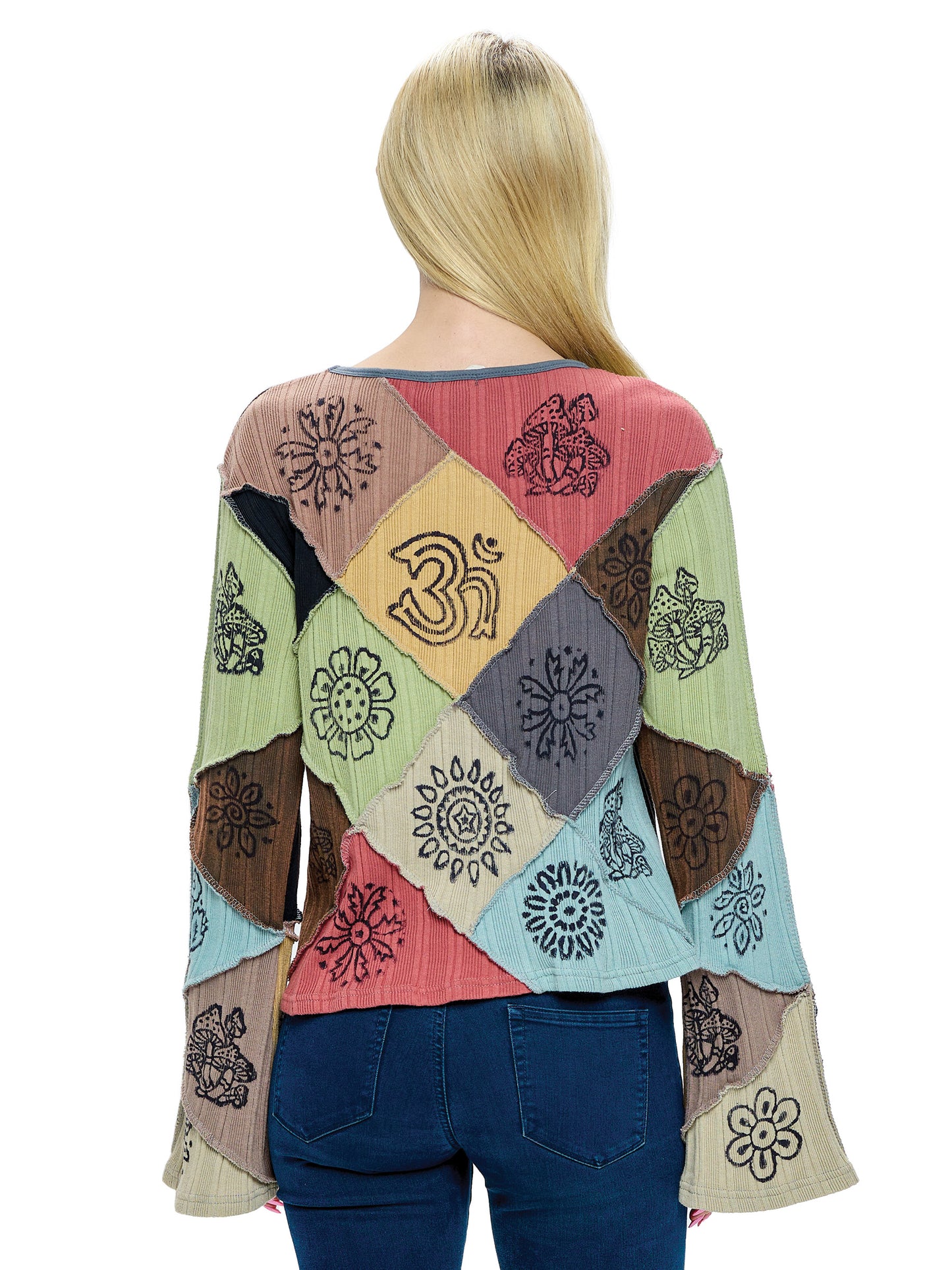 Top Hippie Patchwork Art Hand Printed Bell Sleeves