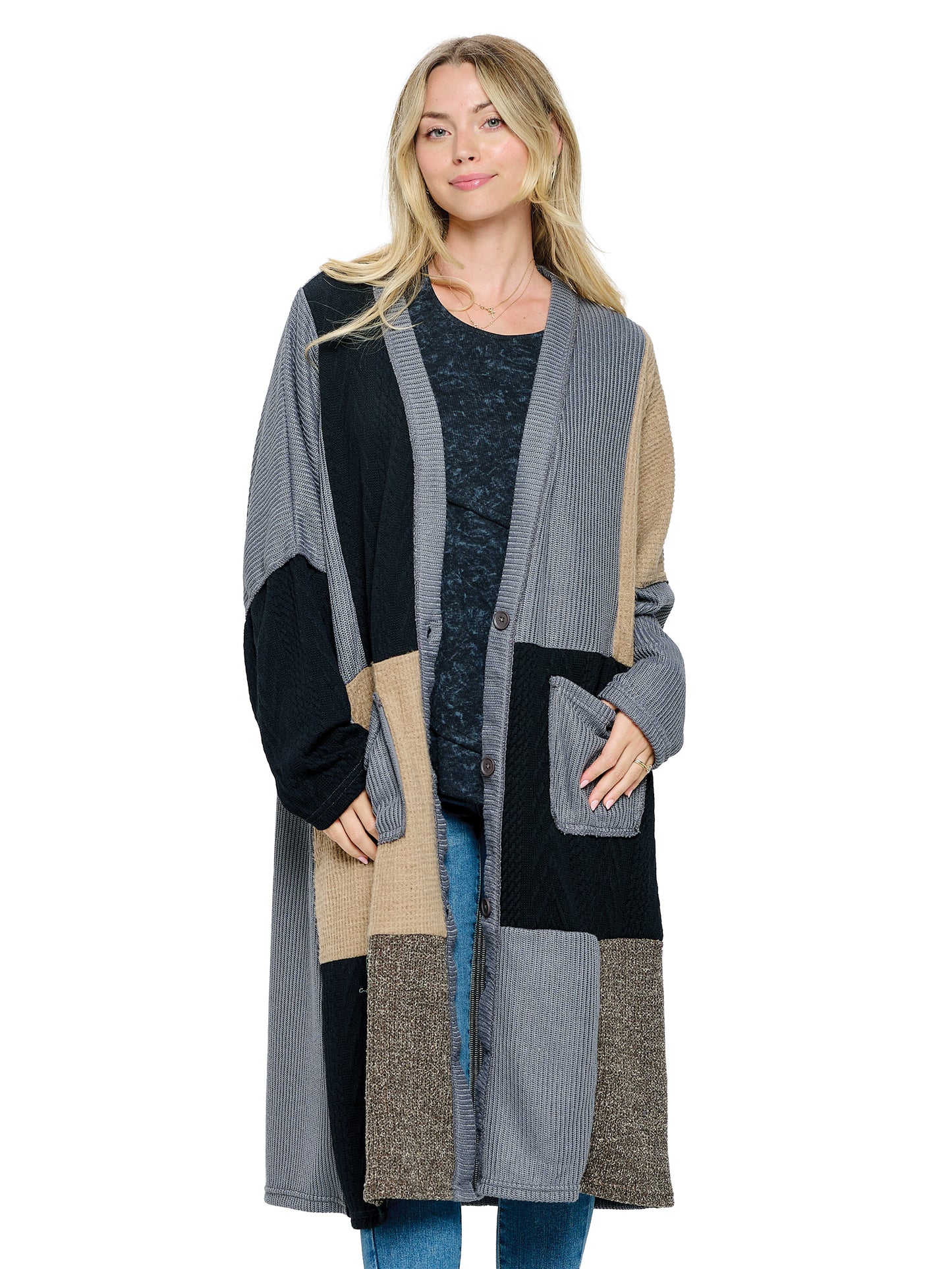 Long Cardigan Knit Colorblock Patchwork