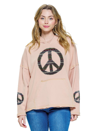 Hoodie Boho Peace Sign Patch Loose Fit