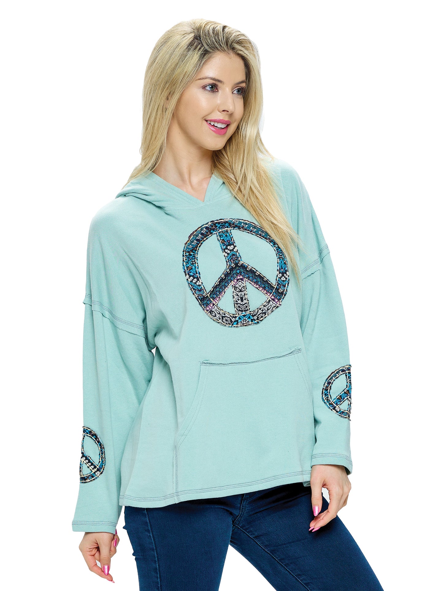 Hoodie Boho Peace Sign Patch Loose Fit