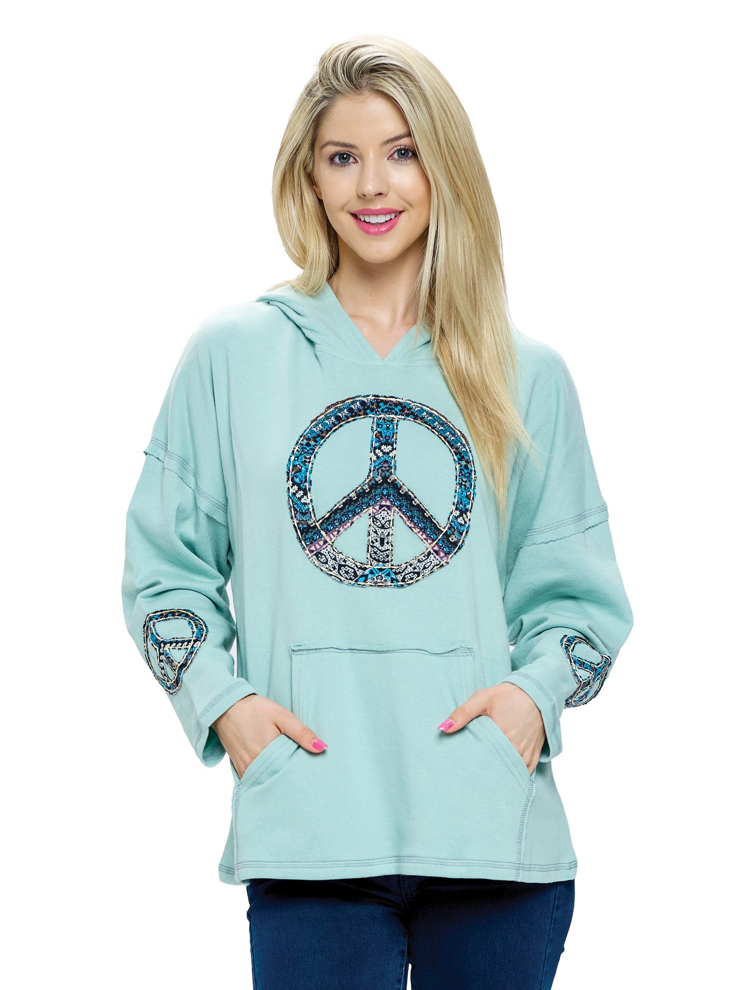 Hoodie Boho Peace Sign Patch Loose Fit