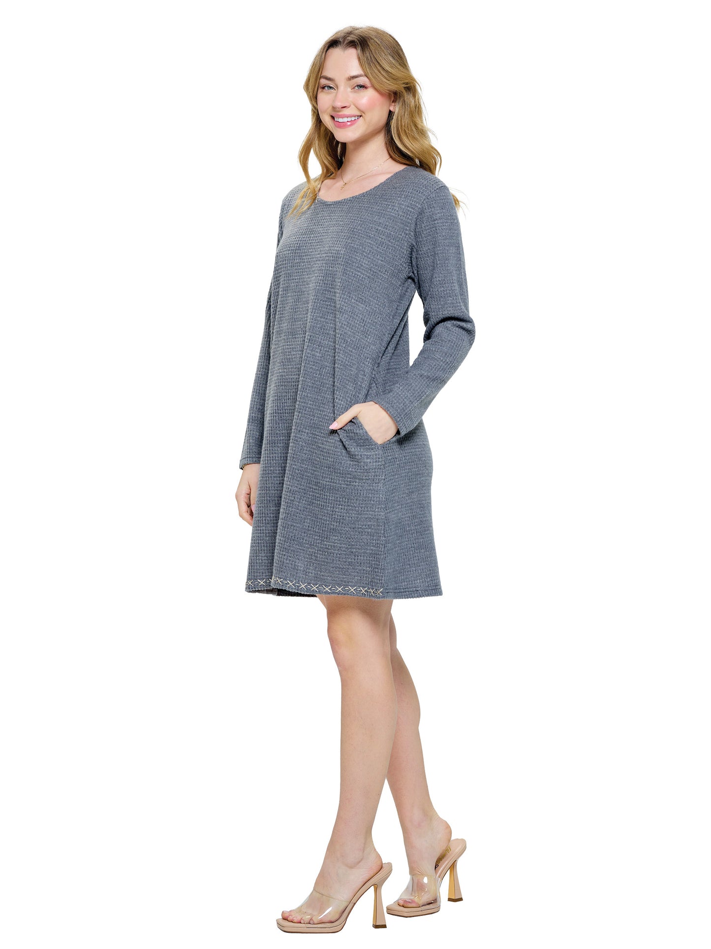 Dress Cozy Ribbed hand stich Accents Pockets