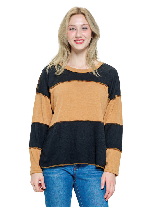 Pullover Boho Sweater Colorblock Stitch Accented