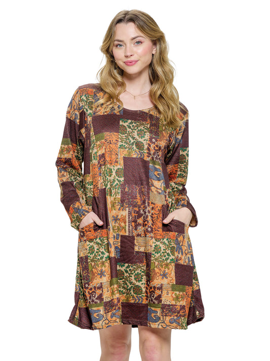 Dress Boho Floral Patchwork Print Pockets