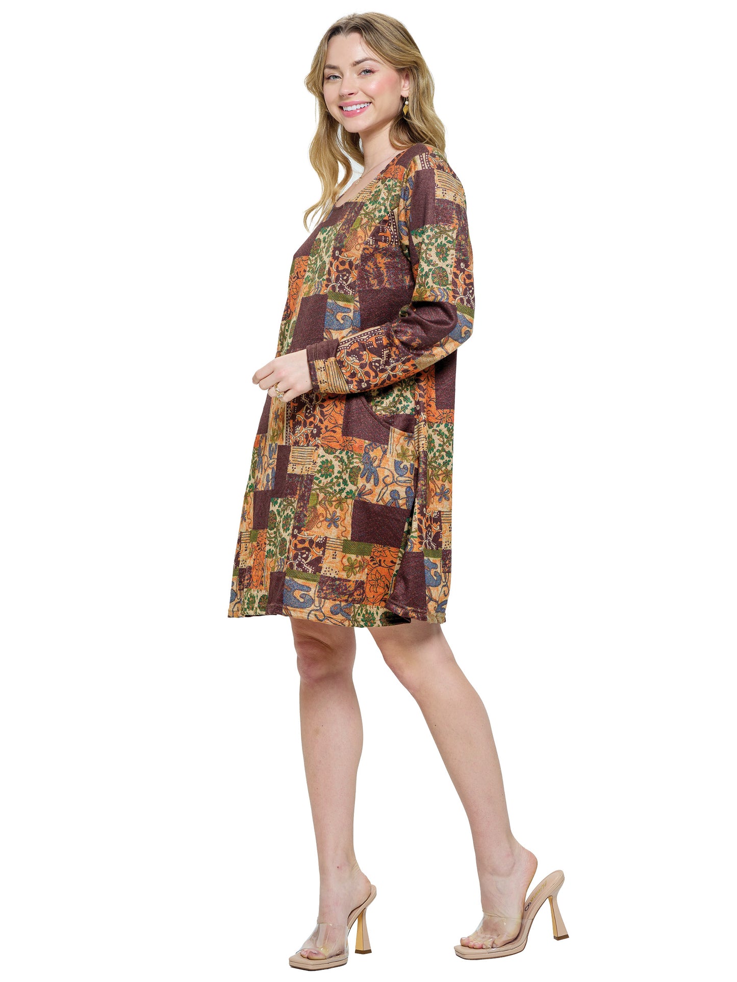 Dress Boho Floral Patchwork Print Pockets