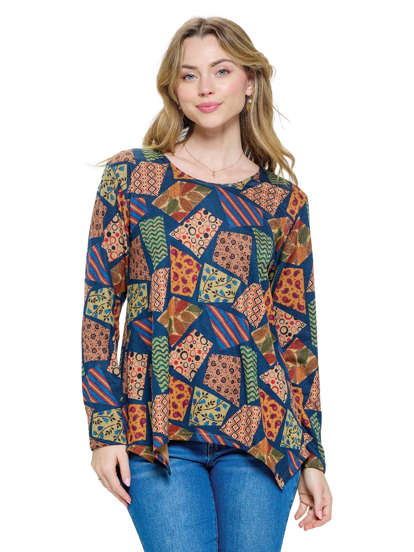 Pullover Top Loose Fit Patchwork Multicolor