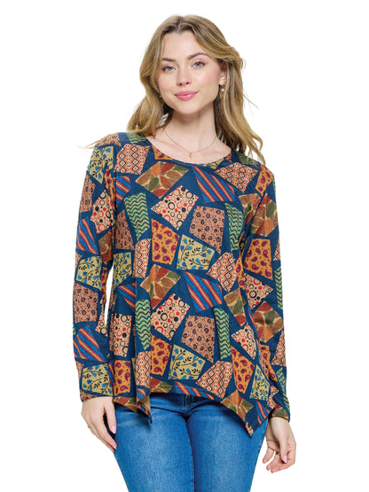 Pullover Top Loose Fit Patchwork Multicolor