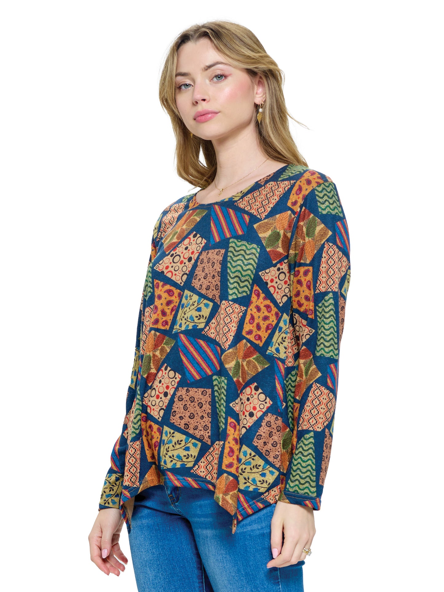 Pullover Top Loose Fit Patchwork Multicolor