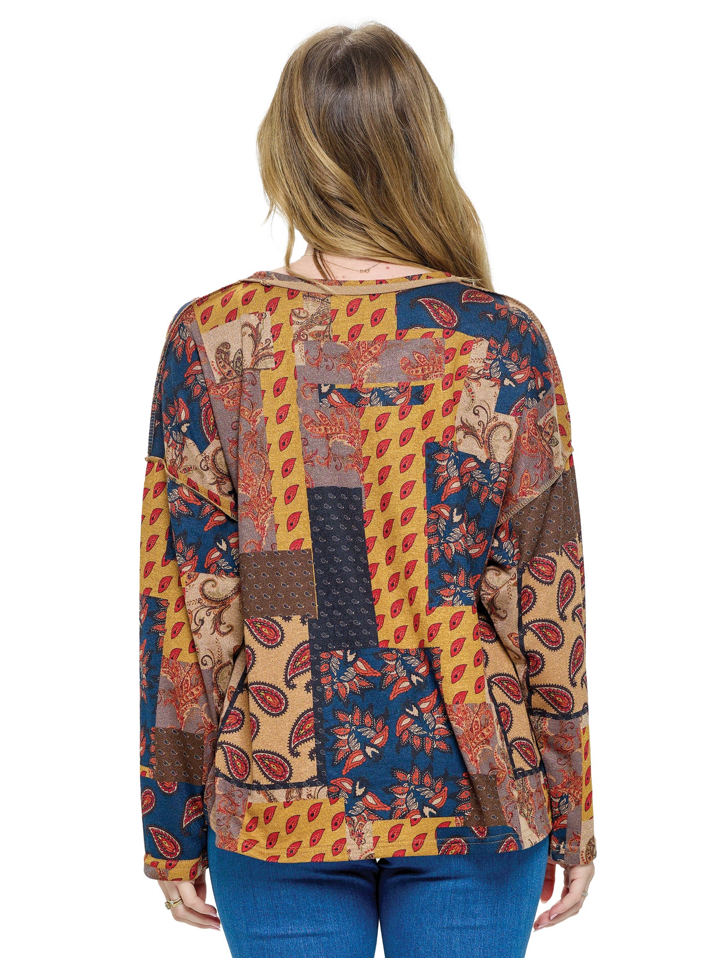 Pullover Top Patchwork Print Multicolor Paisley