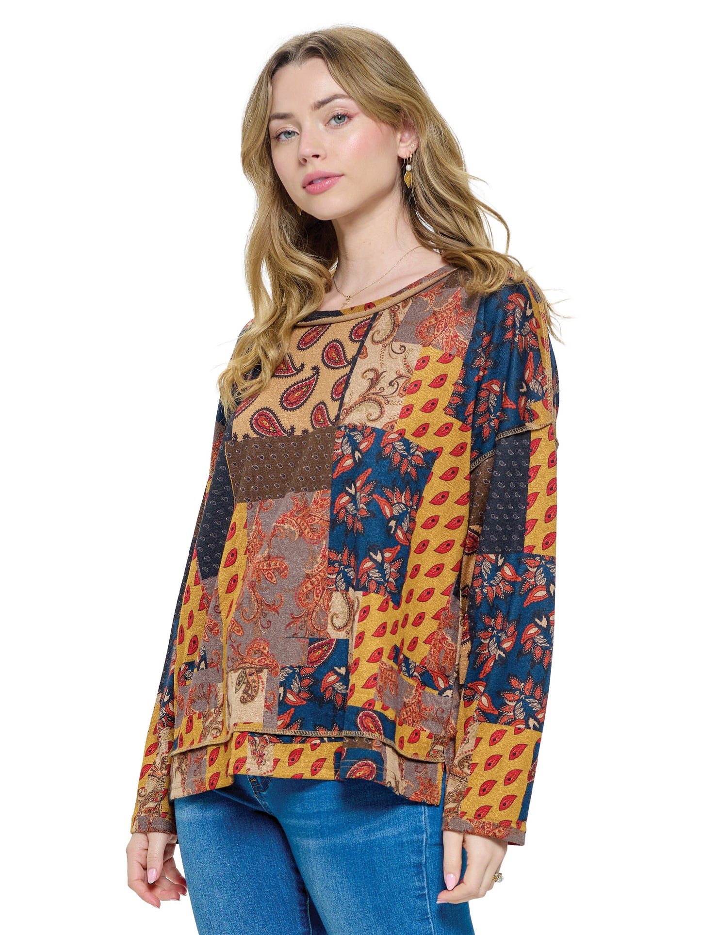 Pullover Top Patchwork Print Multicolor Paisley