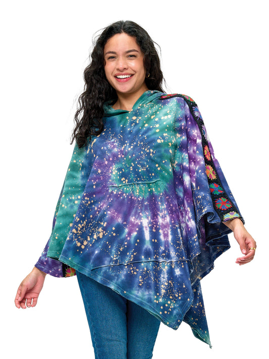 Poncho Galaxy Tie Dye Floral Crochet Trim