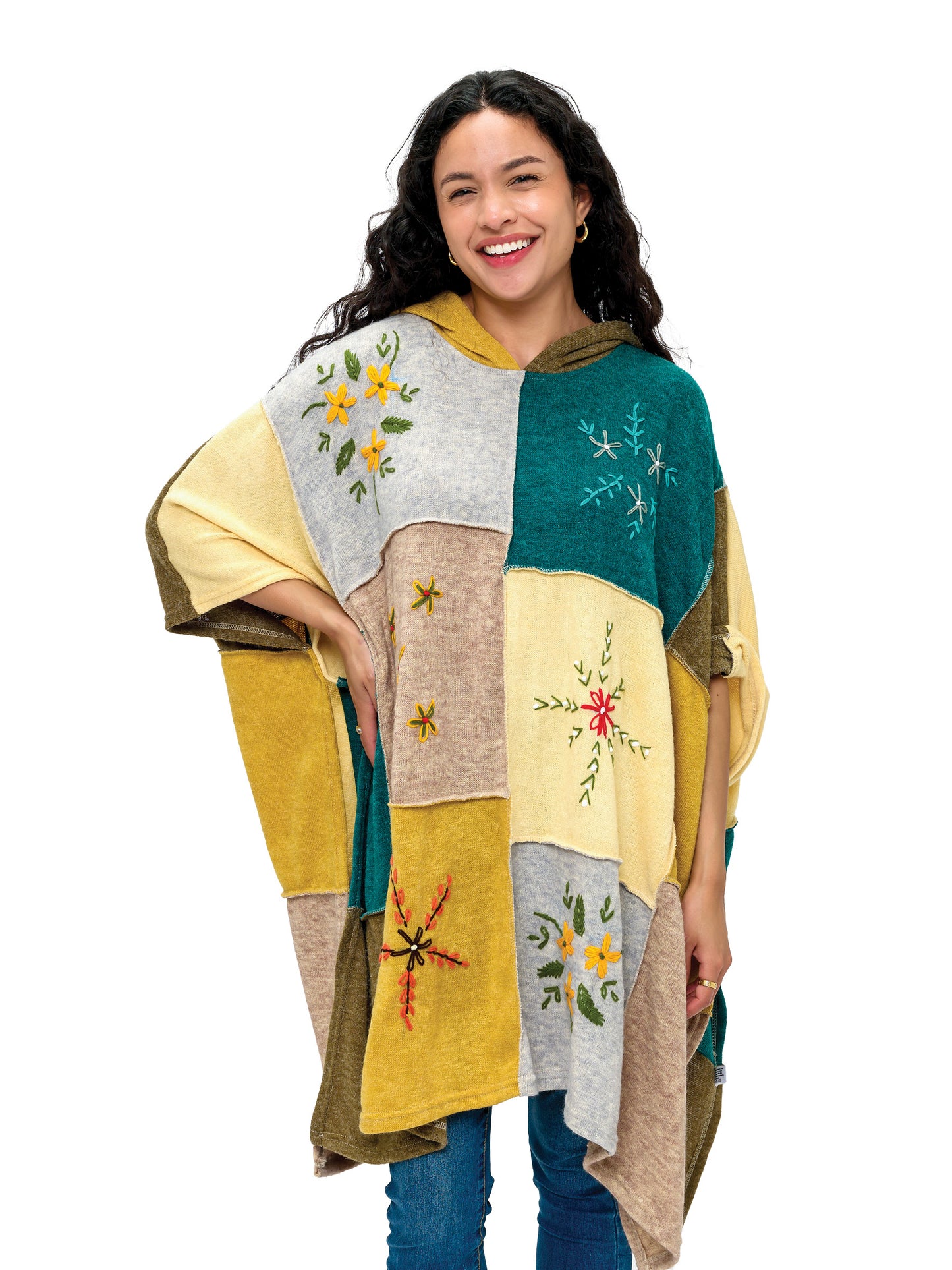 Poncho patchwork Hand Sewn Floral Embroidery