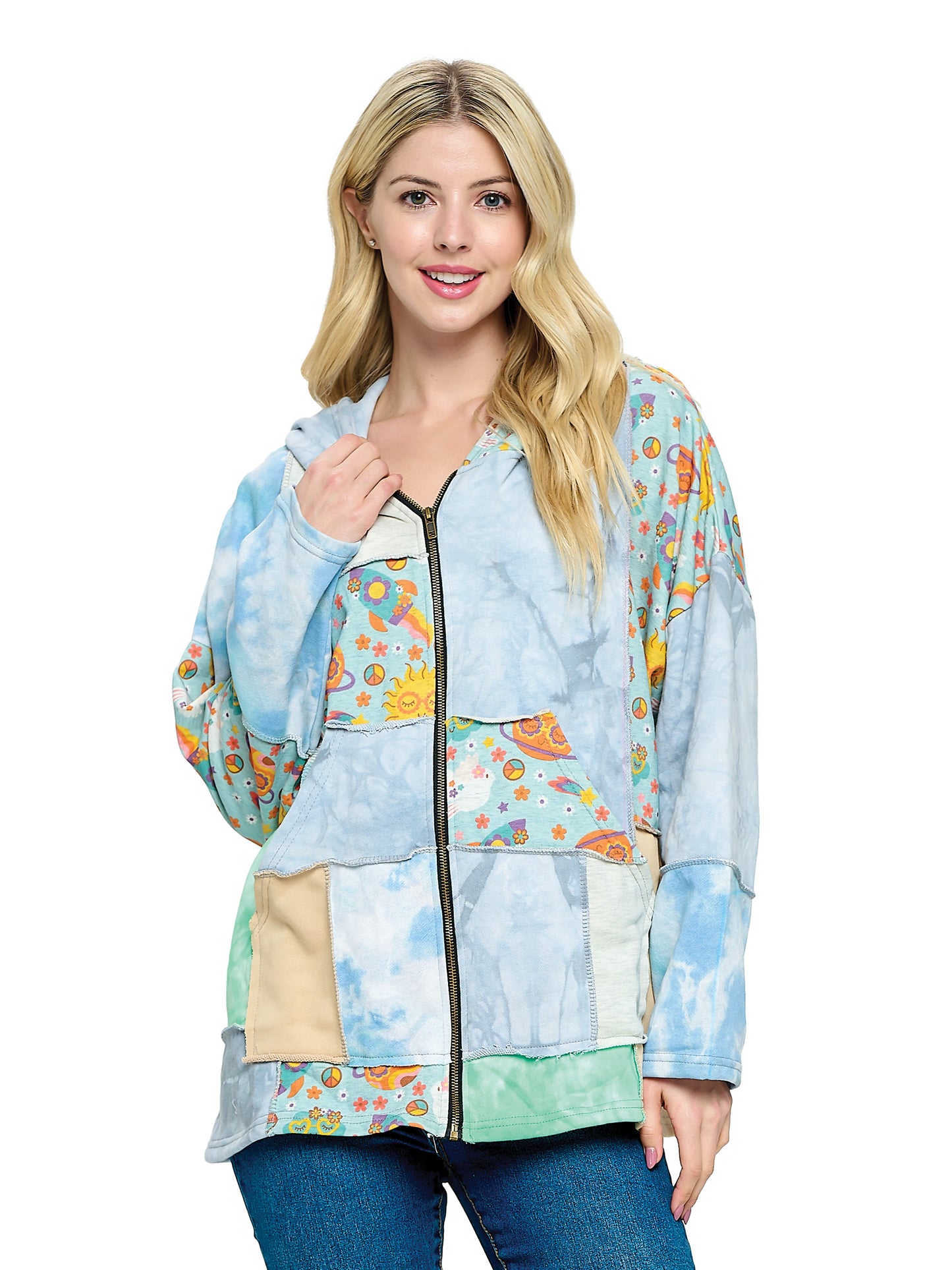 Zip-up Hoodie Tie Dye Patchwork Peace Floral