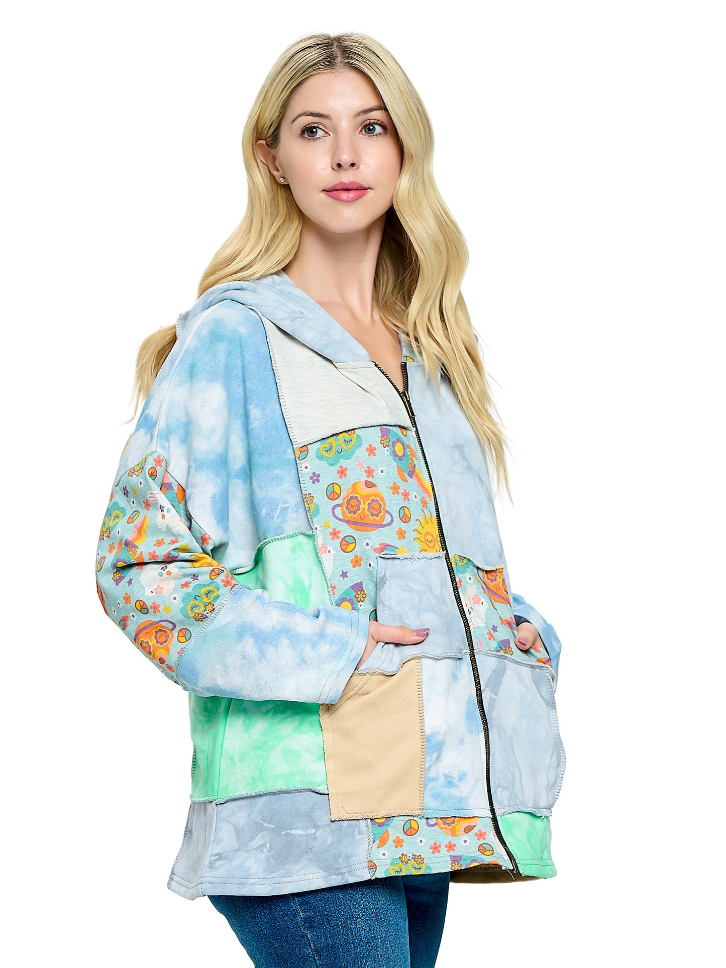 Zip-up Hoodie Tie Dye Patchwork Peace Floral