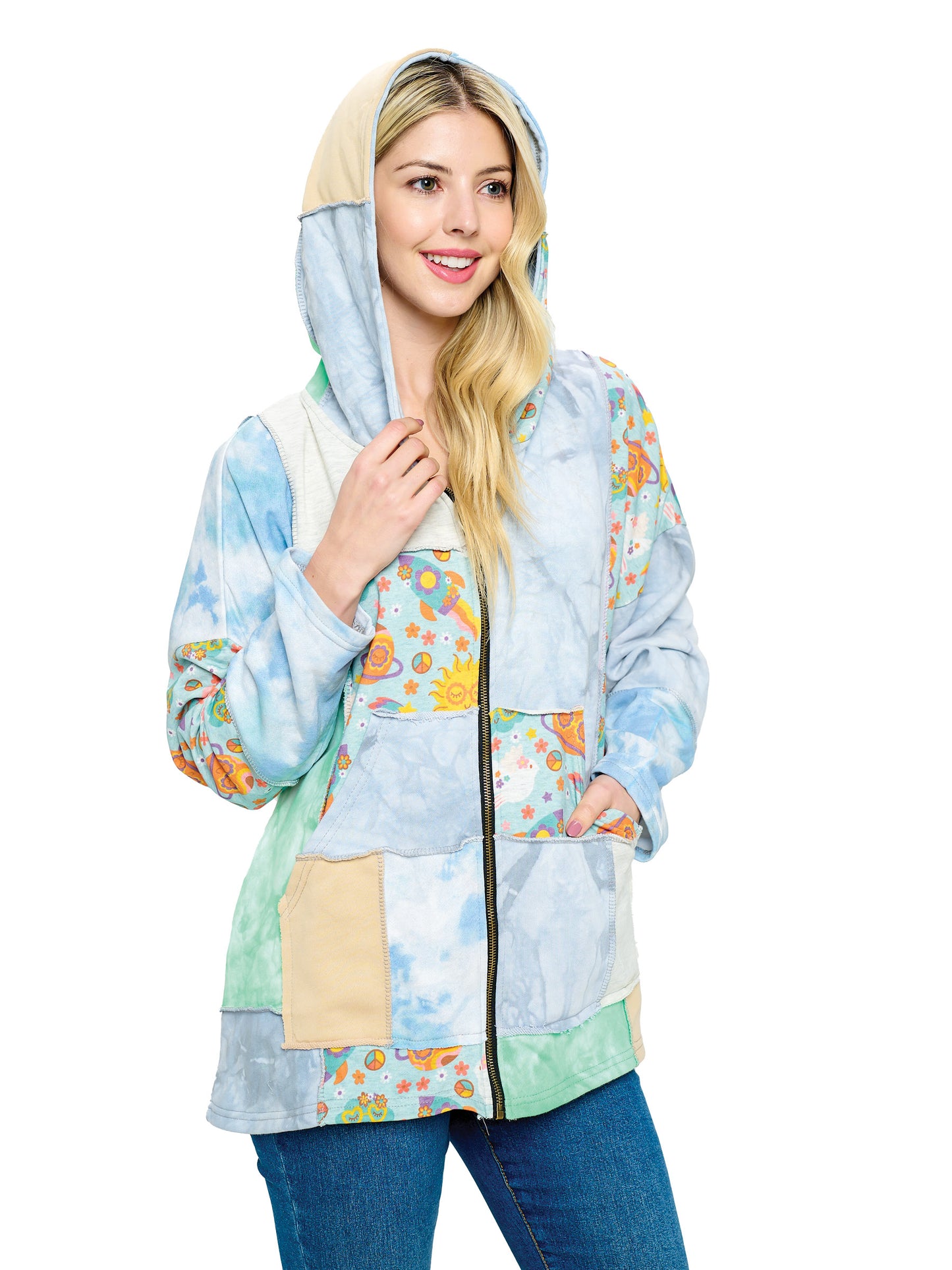 Zip-up Hoodie Tie Dye Patchwork Peace Floral