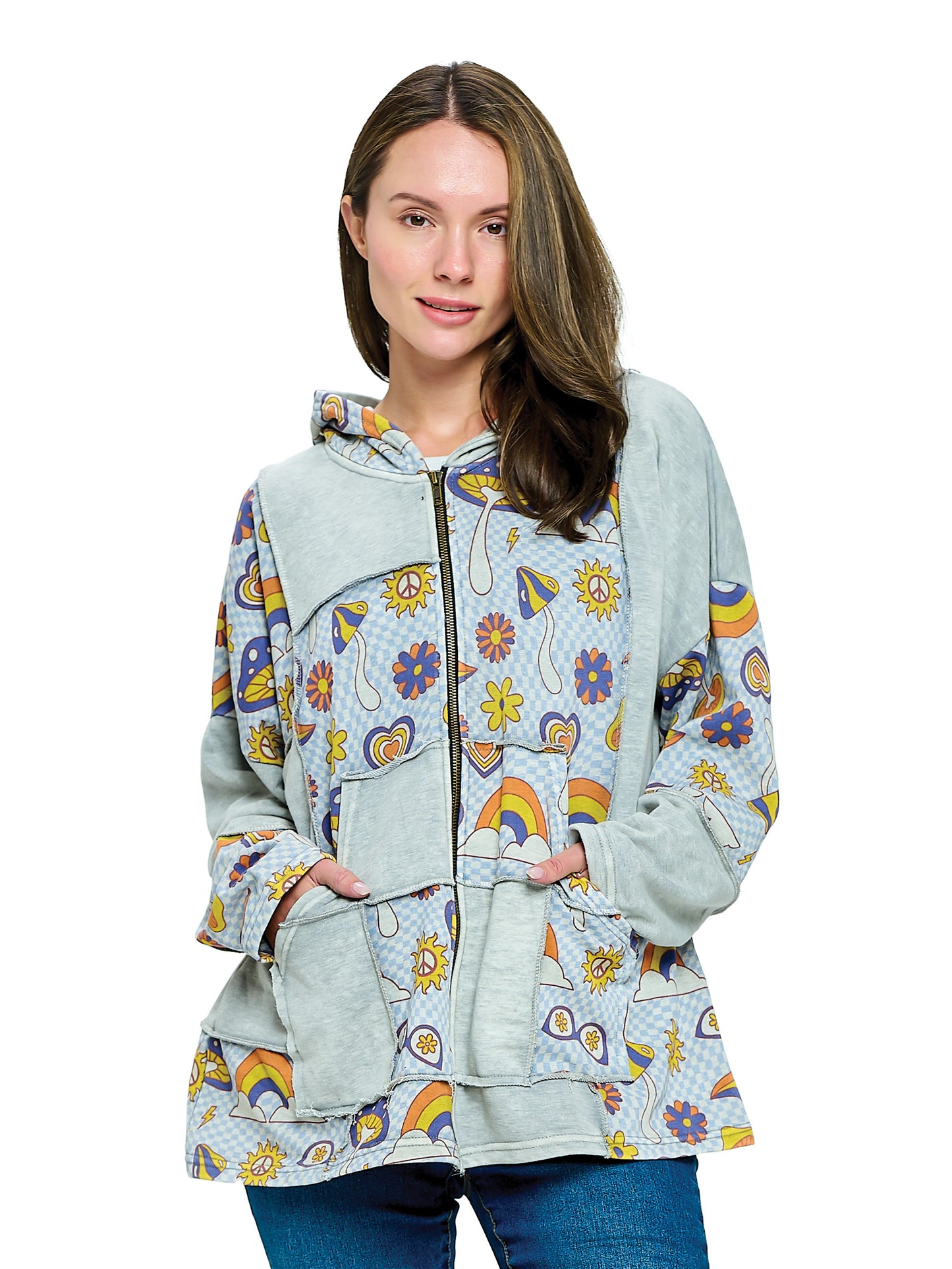 Zip-up Hoodie Patchwork Mushroom Rainbow Print