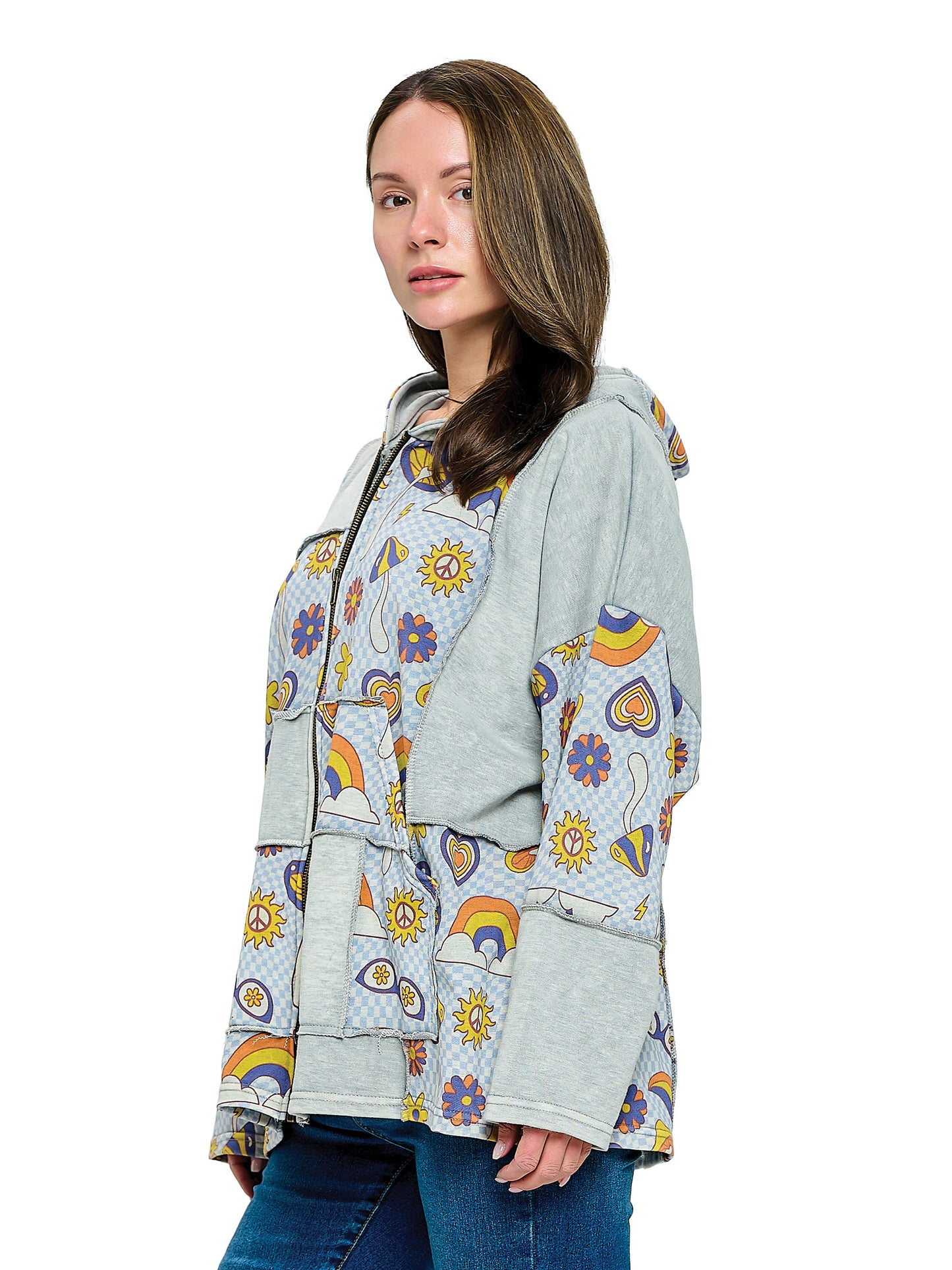 Zip-up Hoodie Patchwork Mushroom Rainbow Print