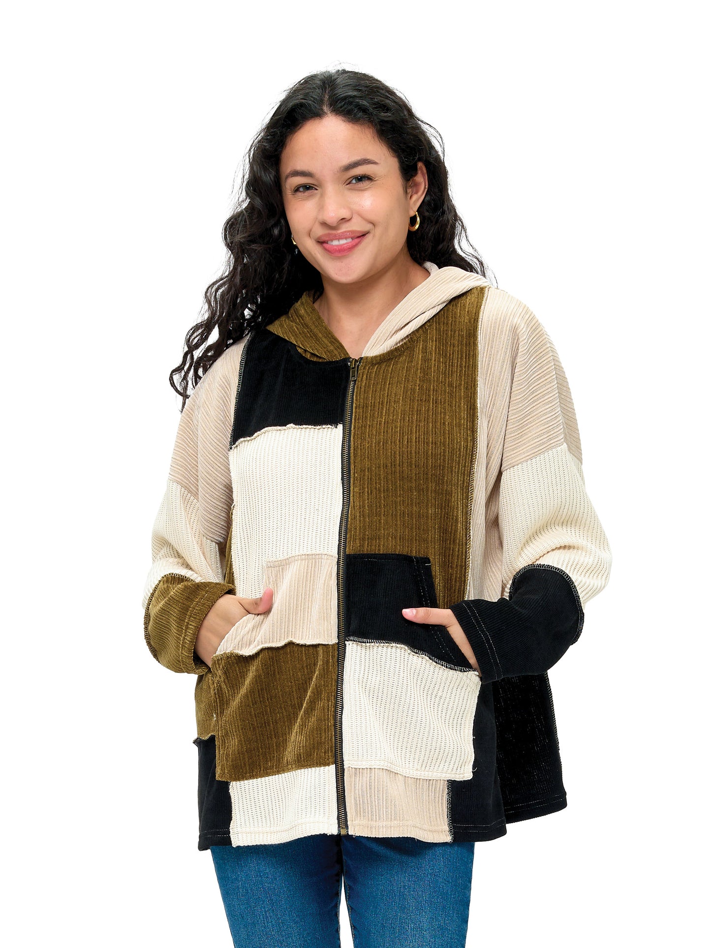 Zip-up Hooded Jacket Colorblock Ribbed Patchwork