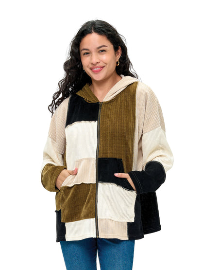 Zip-up Hooded Jacket Colorblock Ribbed Patchwork