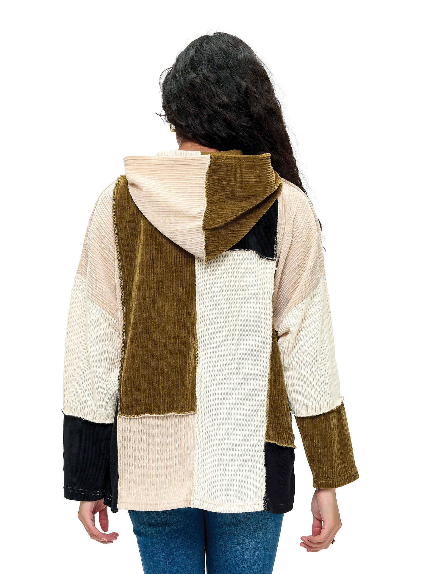 Zip-up Hooded Jacket Colorblock Ribbed Patchwork