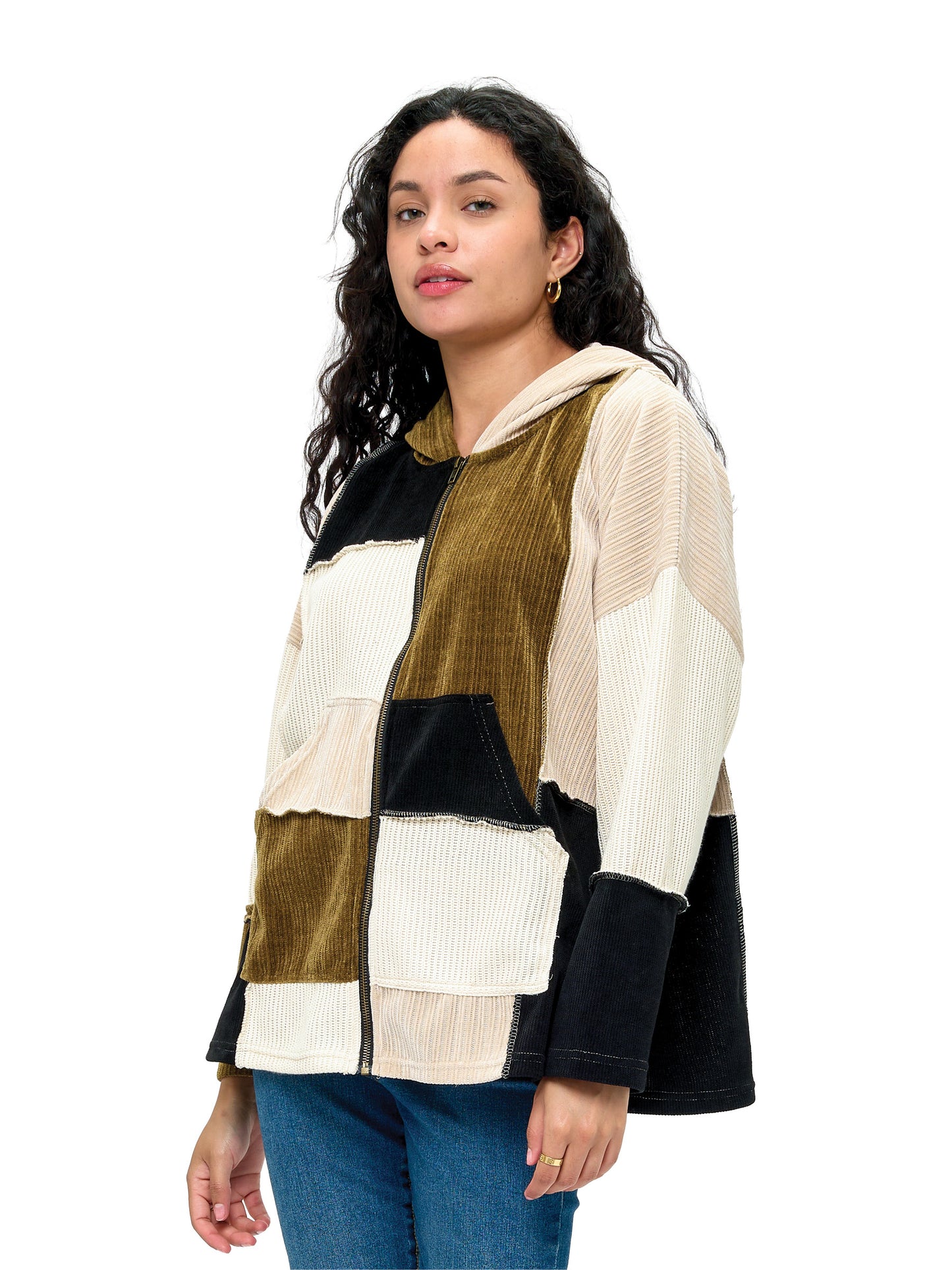 Zip-up Hooded Jacket Colorblock Ribbed Patchwork