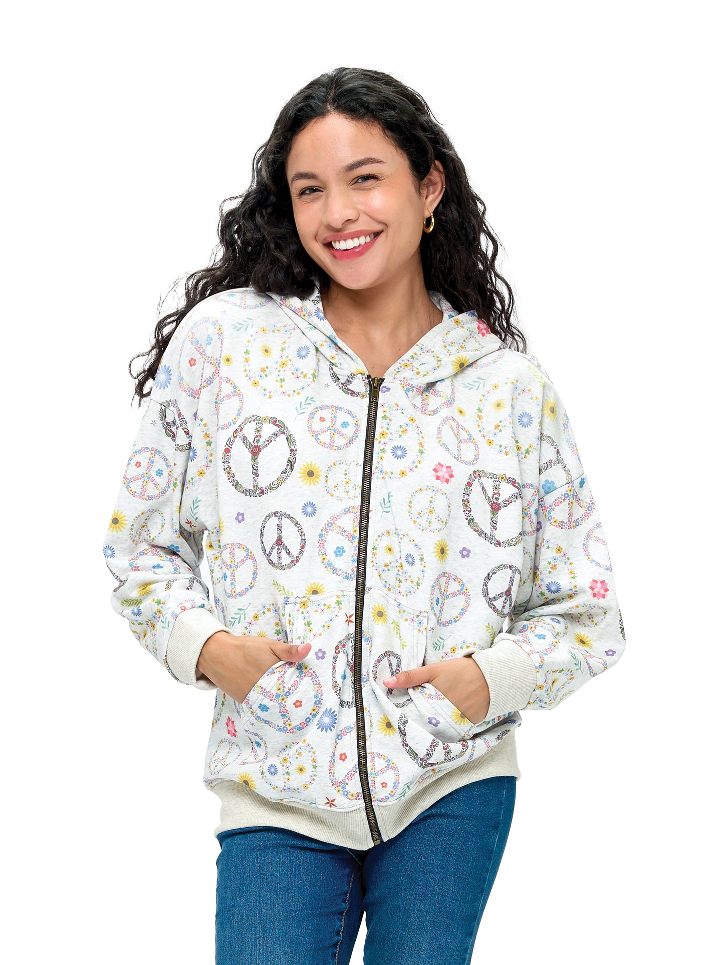 Zip-up Hoodie Floral Peace Sign Print
