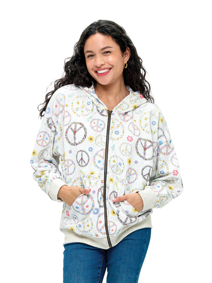 Zip-up Hoodie Floral Peace Sign Print