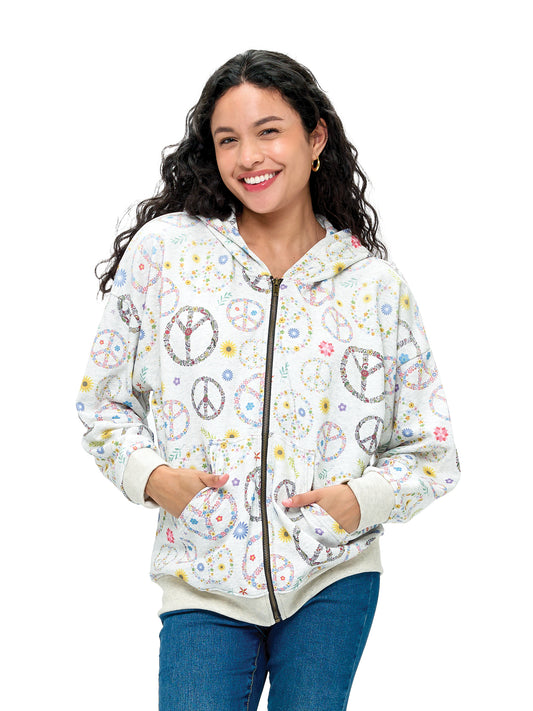 Zip-up Hoodie Floral Peace Sign Print