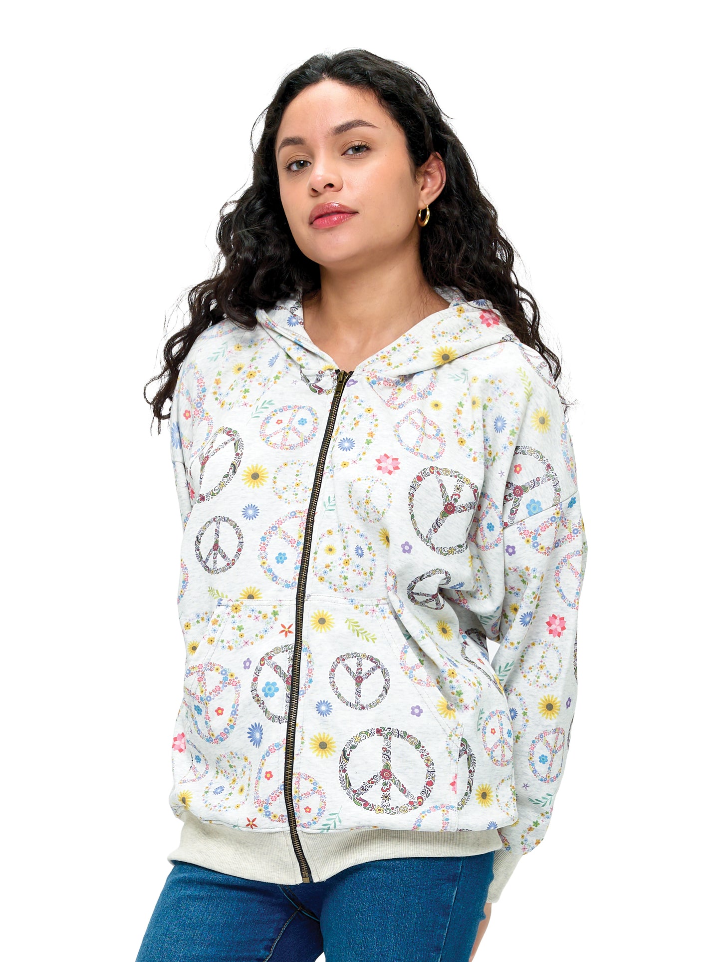 Zip-up Hoodie Floral Peace Sign Print