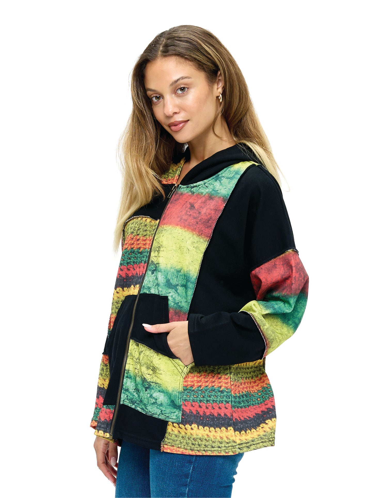 Zip-up Hoodie Patchwork Rasta Colorblock
