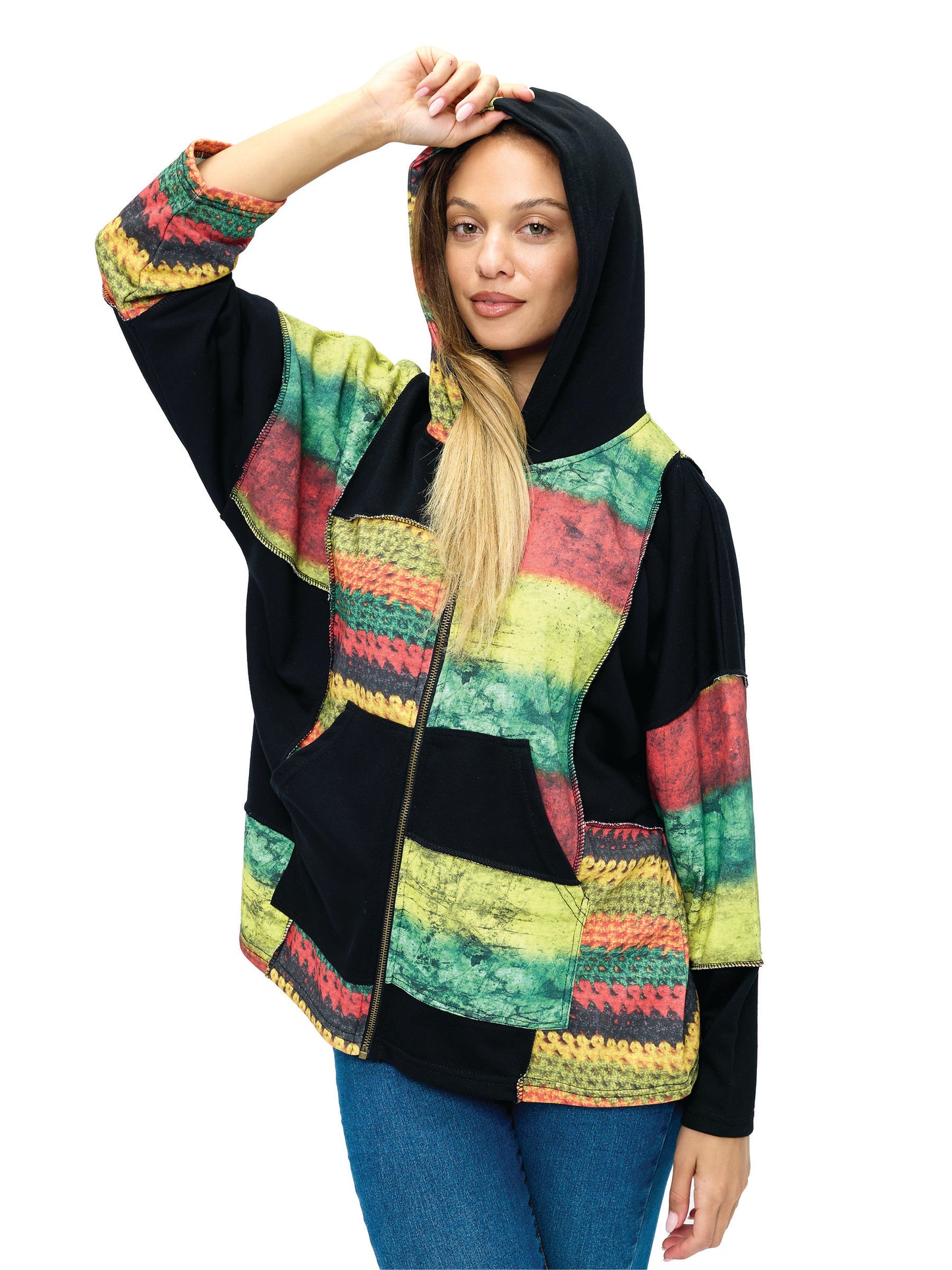 Zip-up Hoodie Patchwork Rasta Colorblock
