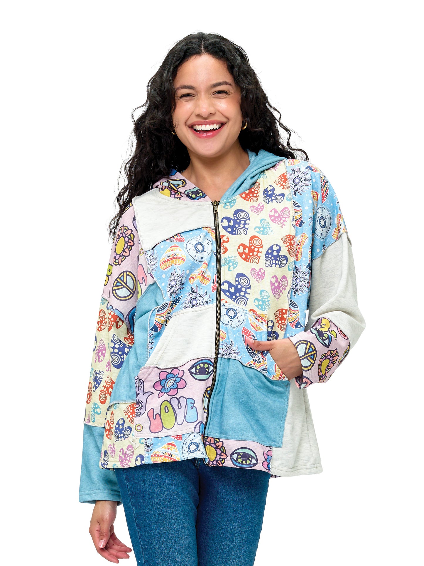 Zip-up Hoodie Whimsical Floral Peace & Love Print