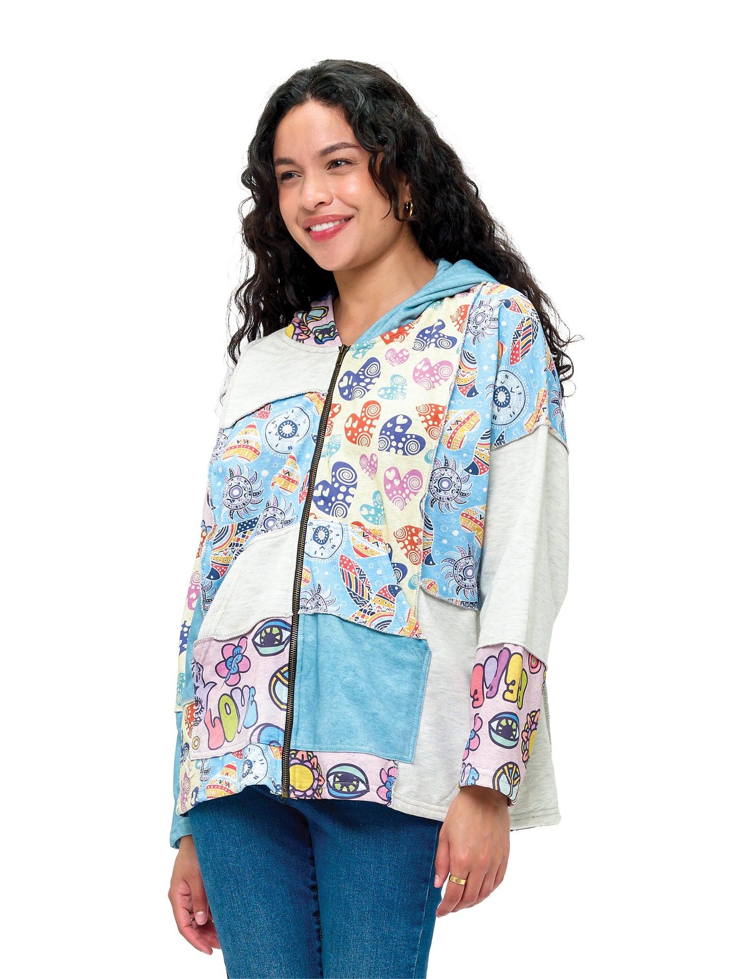Zip-up Hoodie Whimsical Floral Peace & Love Print