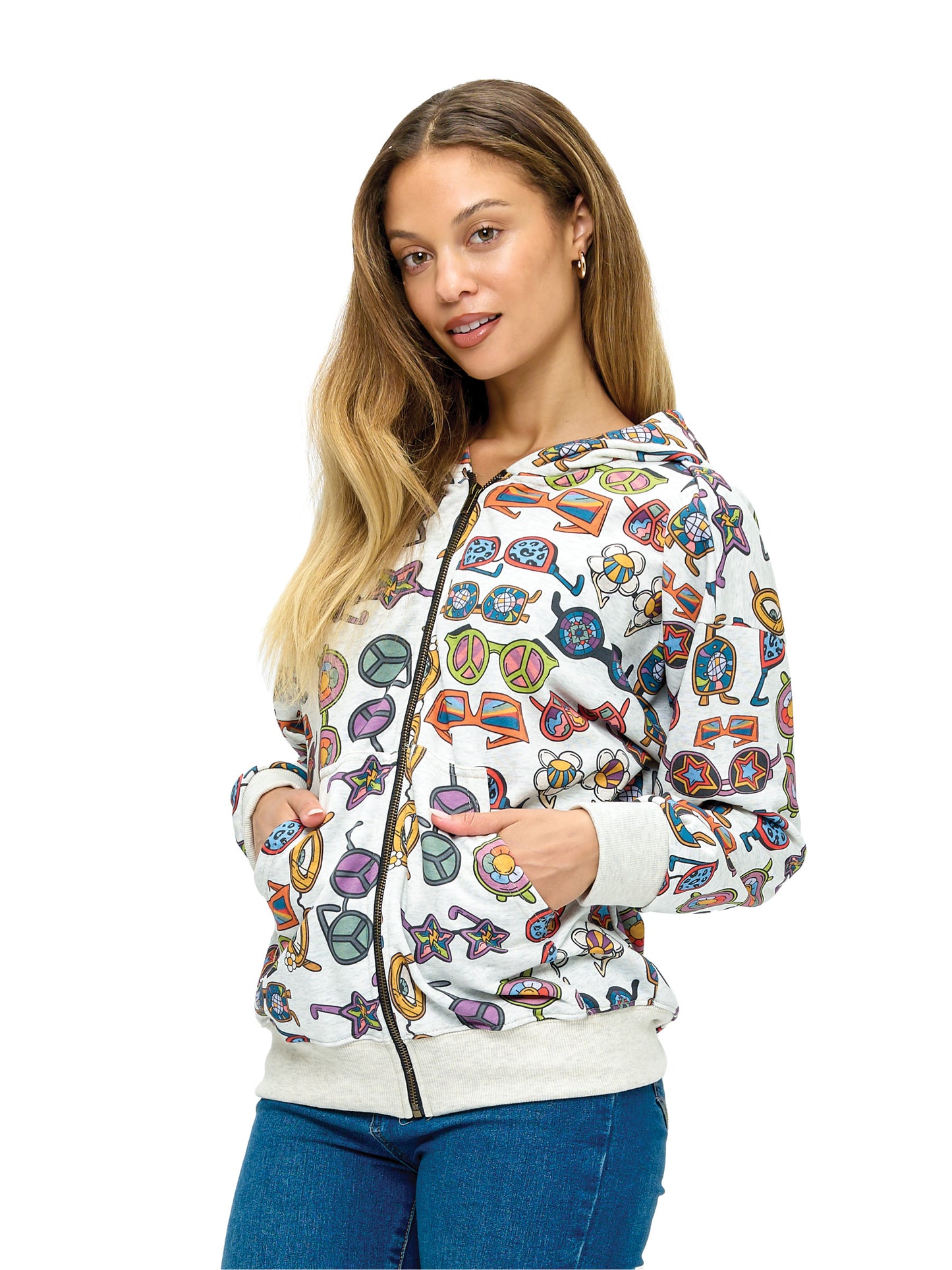 Zip-up Hoodie Vibrant Retro Sunglasses Print
