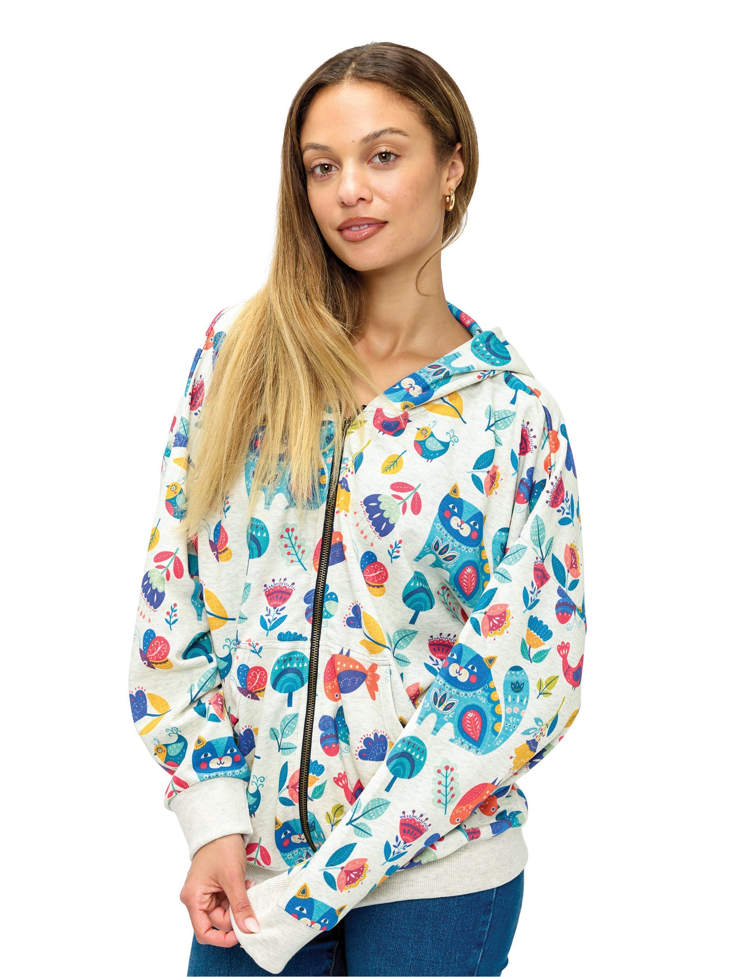 Zip-up Hoodie Whimsical Animals & Floral Print