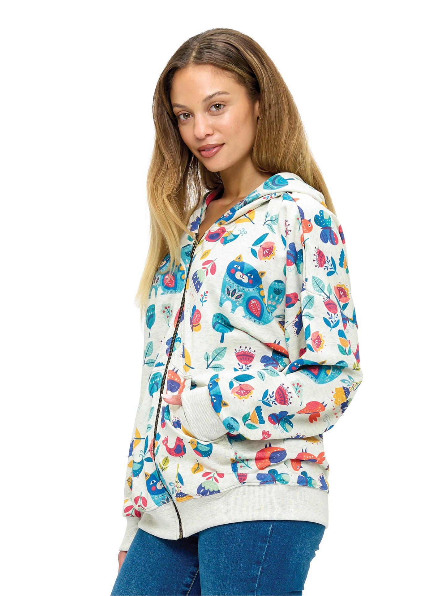 Zip-up Hoodie Whimsical Animals & Floral Print