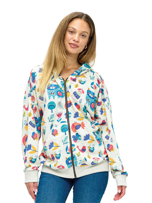 Zip-up Hoodie Whimsical Animals & Floral Print