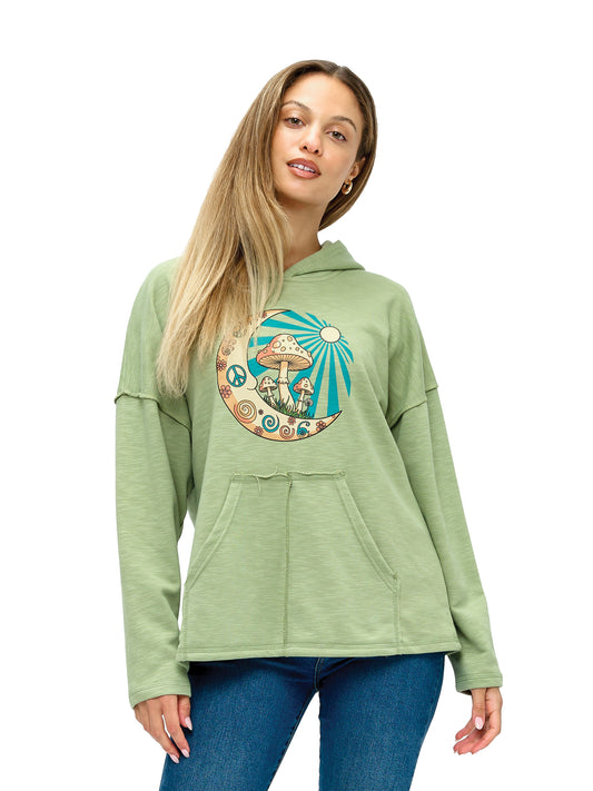 Hoodie Vibrant Celestial Moon Mushroom Peace Print