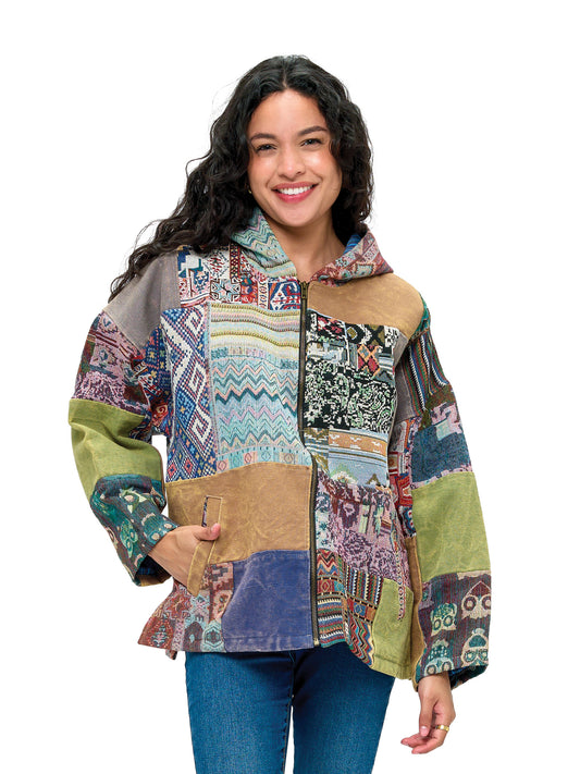 Zip-up Hooded Gheri Jacket Patchwork Lined