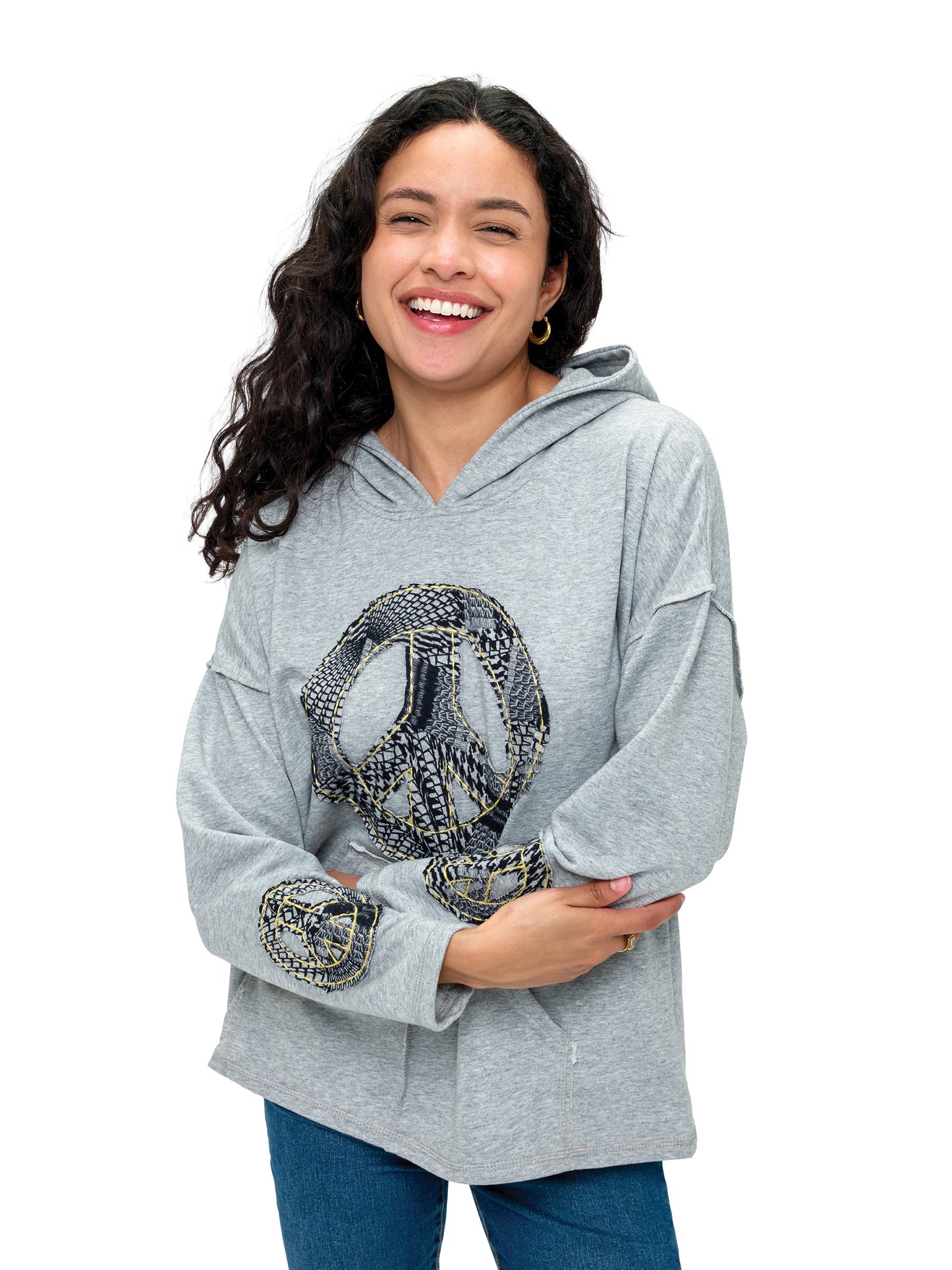Hoodie Boho Peace Sign Patch Handstitched Details