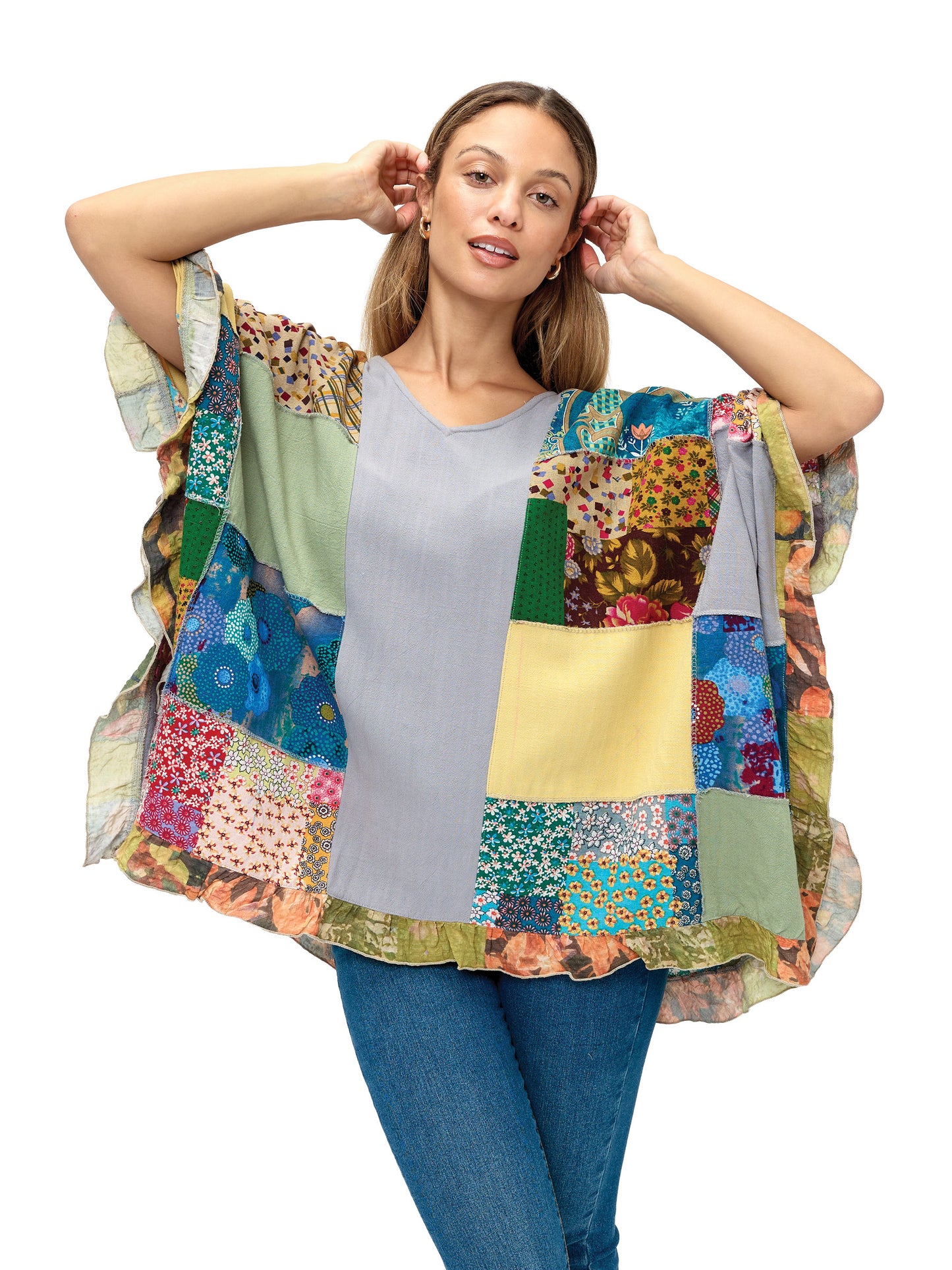Poncho Boho Vibrant Colorblock Floral